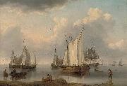 A British warship, Dutch barges and other coastal craft on the Ijselmeer in a calm William Anderson